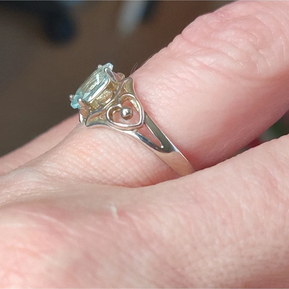 Sterling Silver 925 Blue Oval Topaz December Birthstone Ring Double Heart Size 7